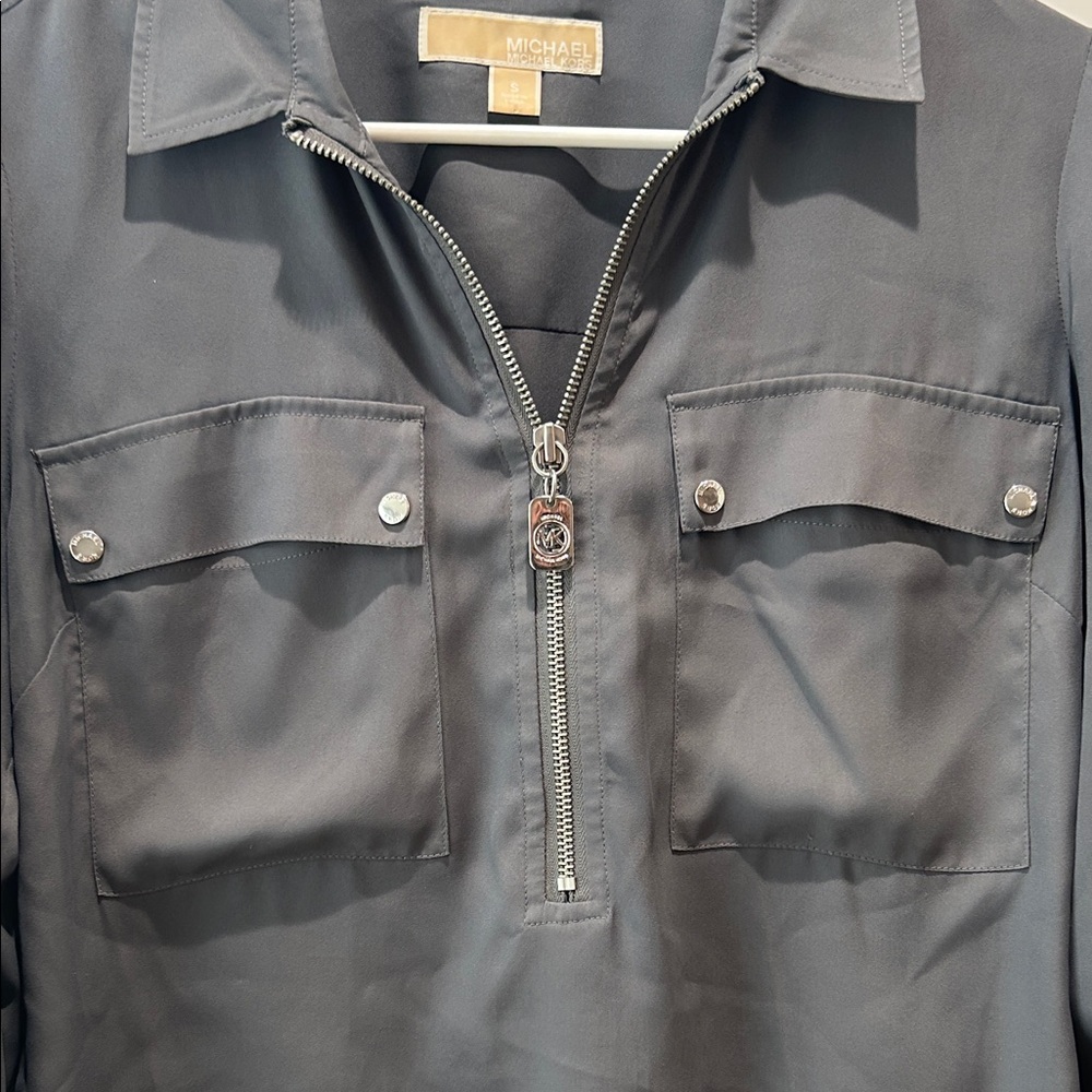 Olive Gray Zip-Up Blouse - Picture 5 of 10